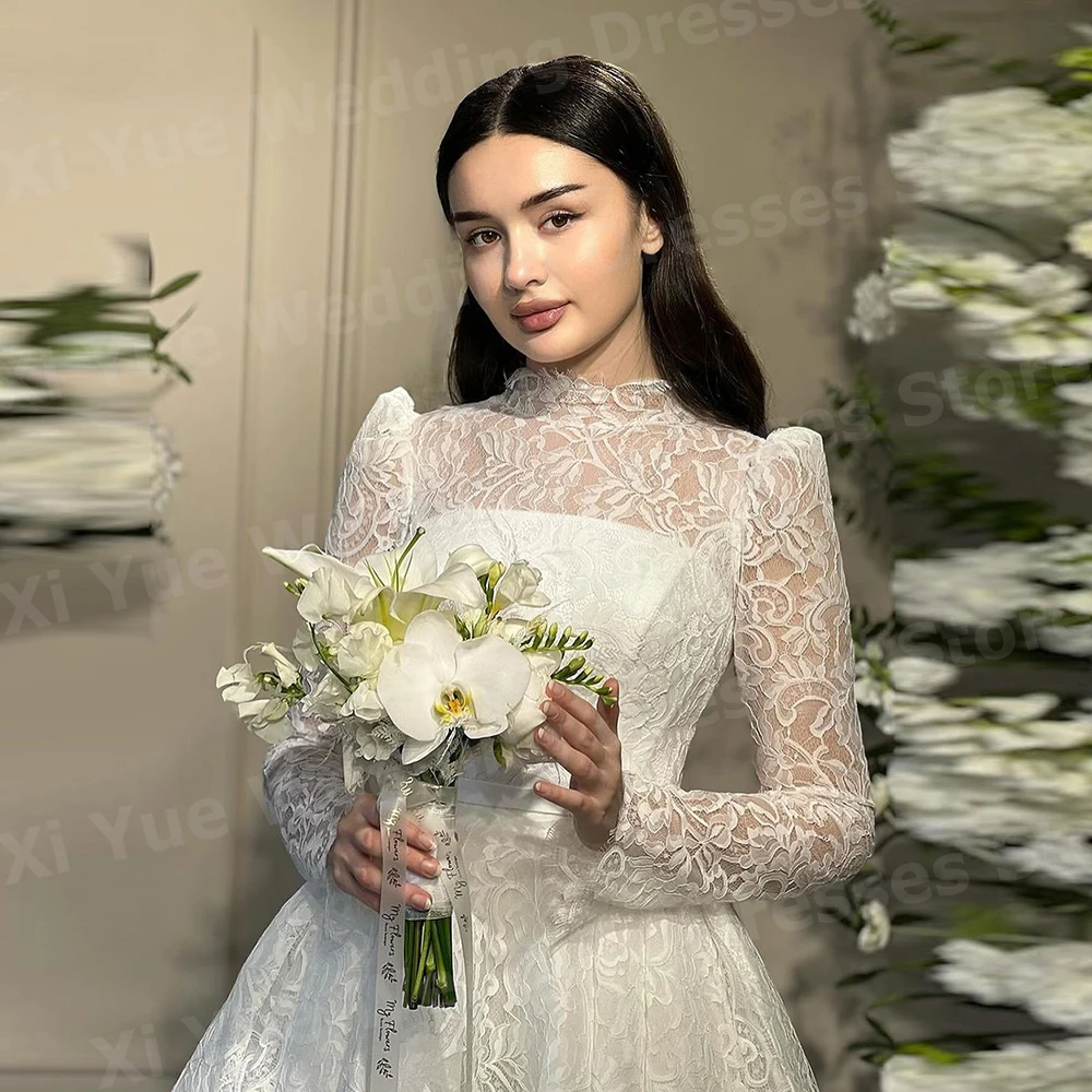 Luxurious A Line Women's Wedding Dresses Lace High Neck Vestidos De Novias De Boda Bride Gowns Customized Long Sleeve Vestidos