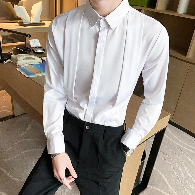 

British Style Fashion Fold Design Solid Color Shirts Men Long Sleeve Slim Fit Casual Shirt Social Party Tops Plus Size X115