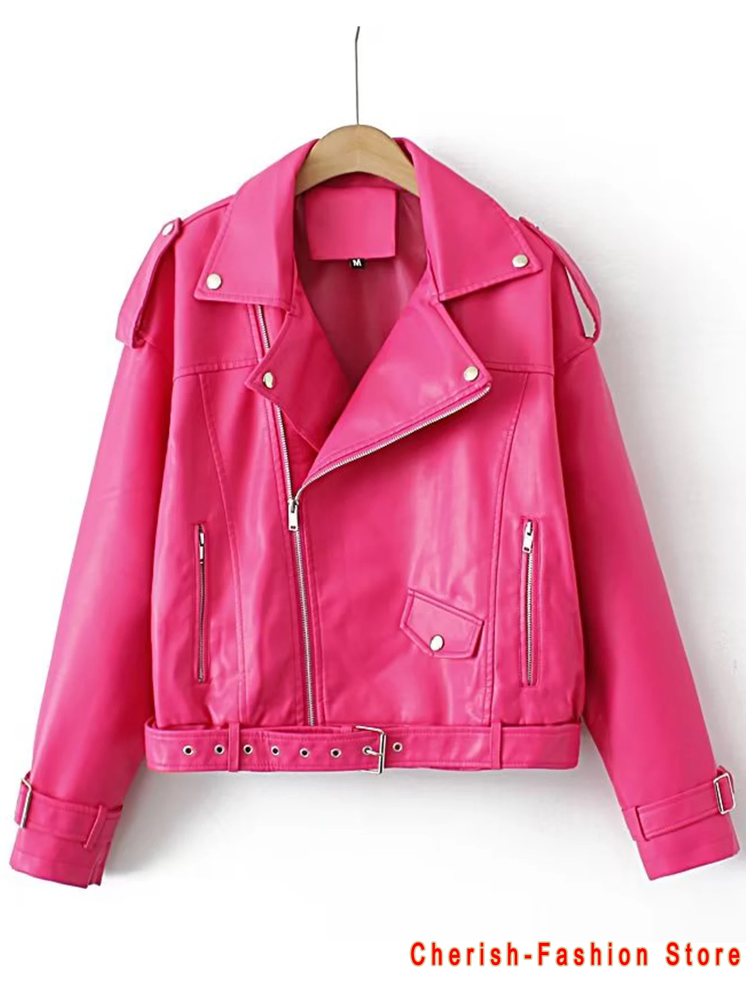 Neue Frühjahr Frauen Faux Leder Jacke Biker Rosa Gelb Mantel Turndown Kragen PU Motorrad Jacken Lose Streetwear Oberbekleidung