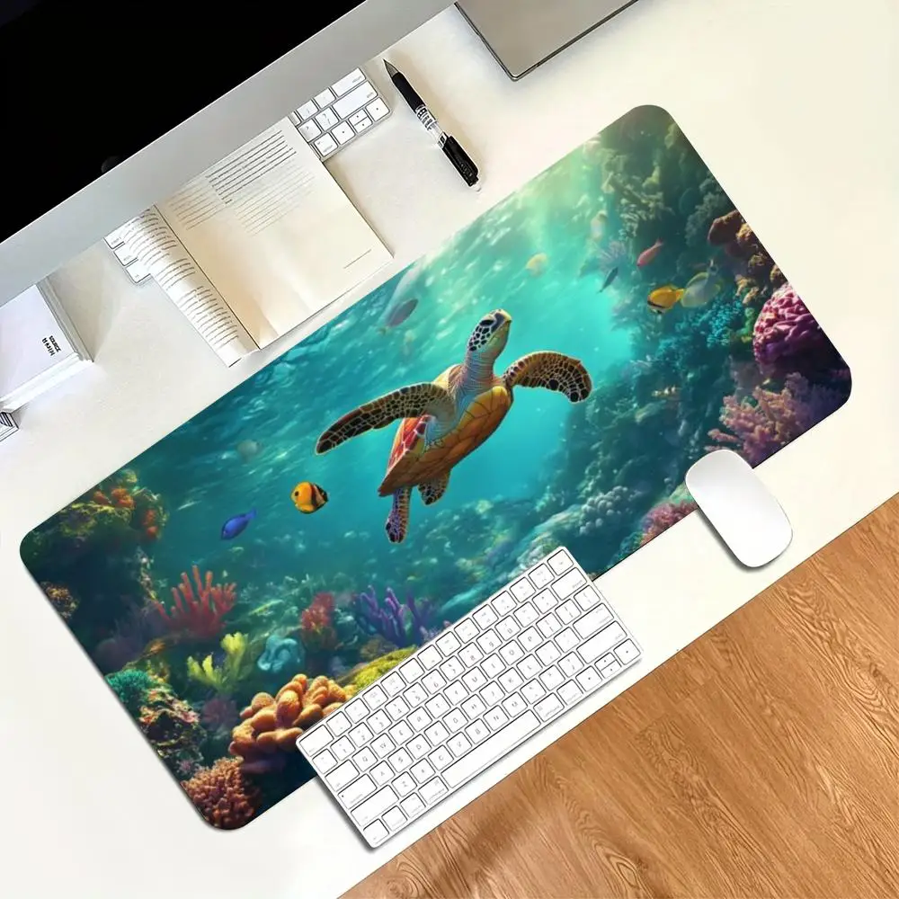 Desk Mat Ocean Turtle Coral Reef Print Anti Slip Rubber Mousepad Stitched Edge Keyboard Pad For PC Laptop Gamers Table Decor