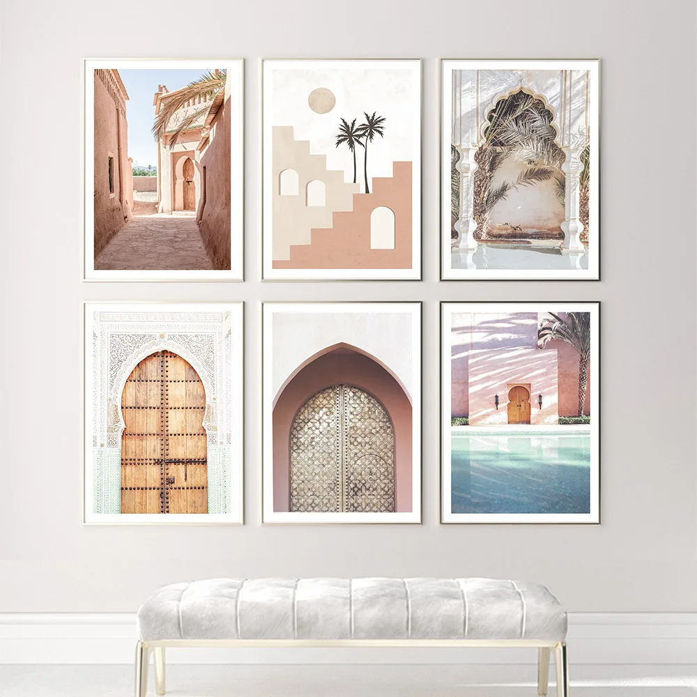 Maroko beżowy natura krajobraz palma pozostawia obraz na płótnie Wall Art różowa plaża drukuje obraz plakaty salon Home Deco