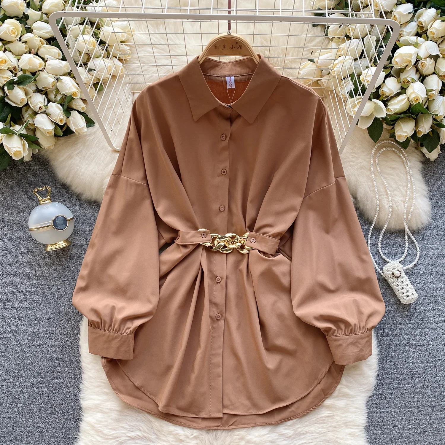 Elegant Chic solid Plelated Dress beit A-line Casual  Puff Sleeve Long sleeves O-Neck High  Spring Summer Vacation Robe