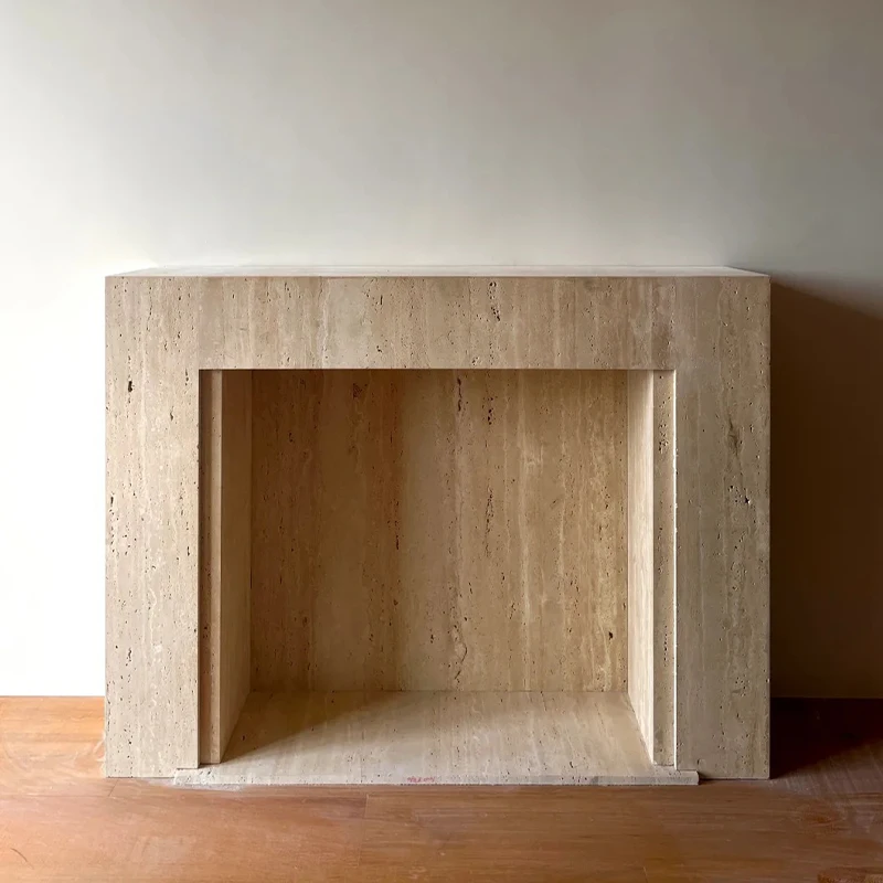 

Indoor Natural Wabi-sabi Style Indoor Surround Hand Craved Beige Travertine Fireplace Mantel for Villa Hotel Decor