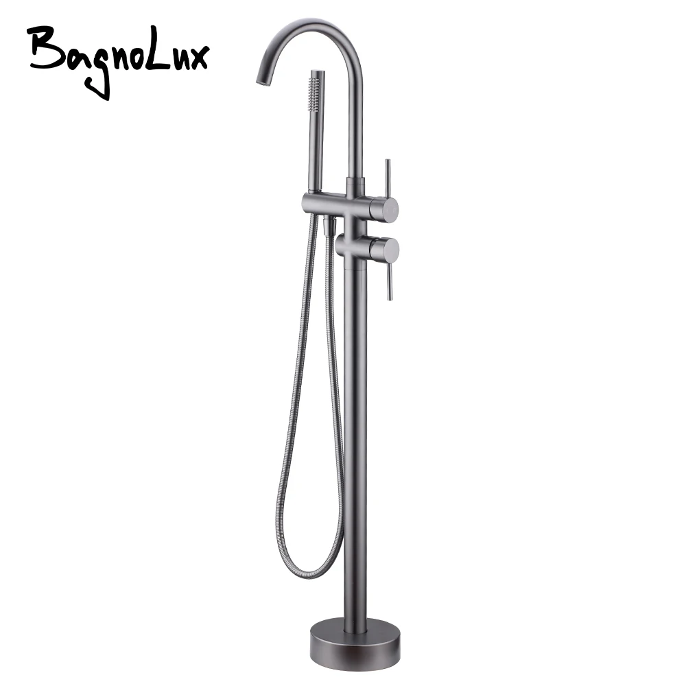 

Gunmetal Freestanding Bathtub Faucet Bathroom Tap Diverter Floor Mounted Mixer 2 Functions Hot And Cold Shower Faucet