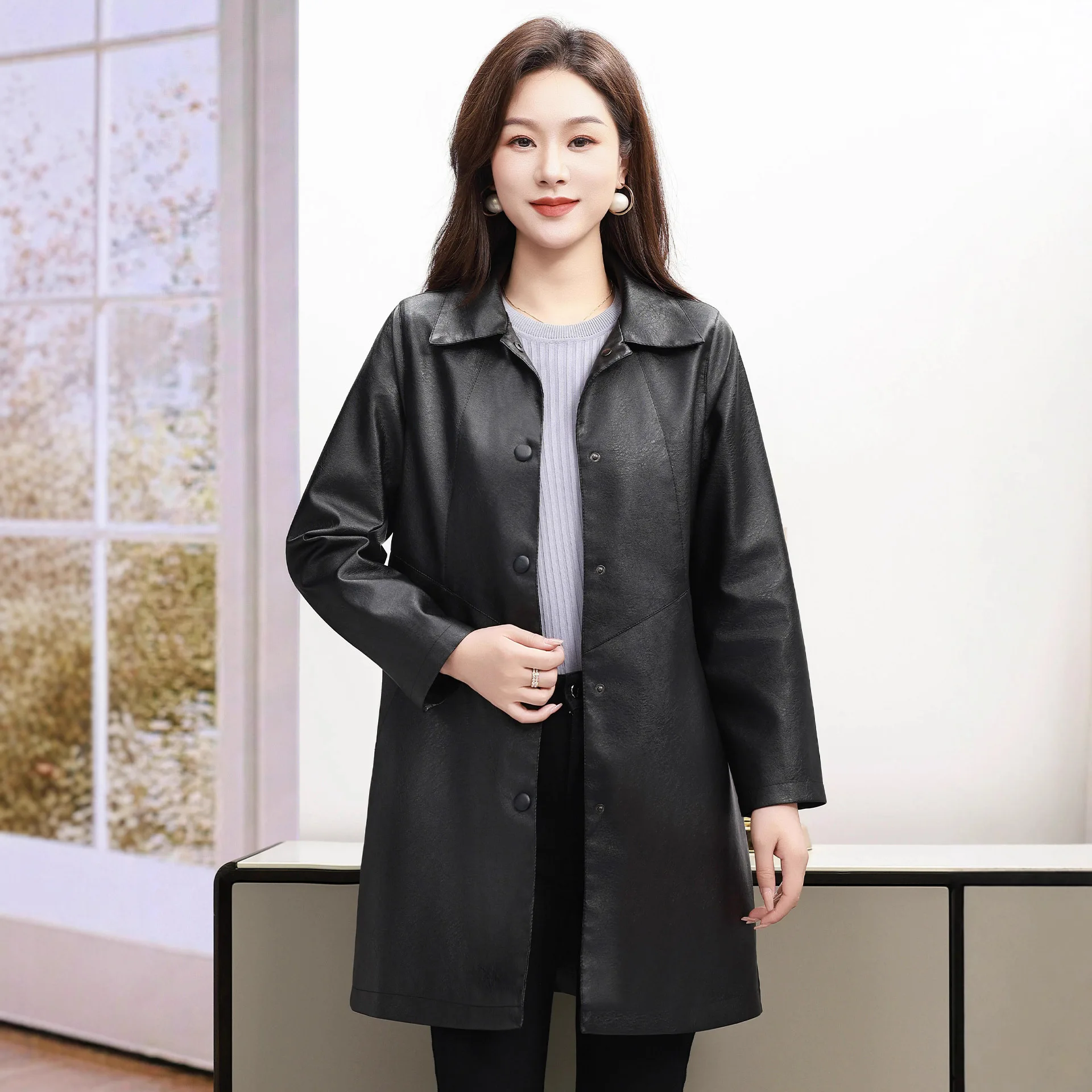 

Leather Jacket Women's Medium and Long 2025 New American Retro Spring and Autumn Loose Women's Leather Coat Mother Looks Thin