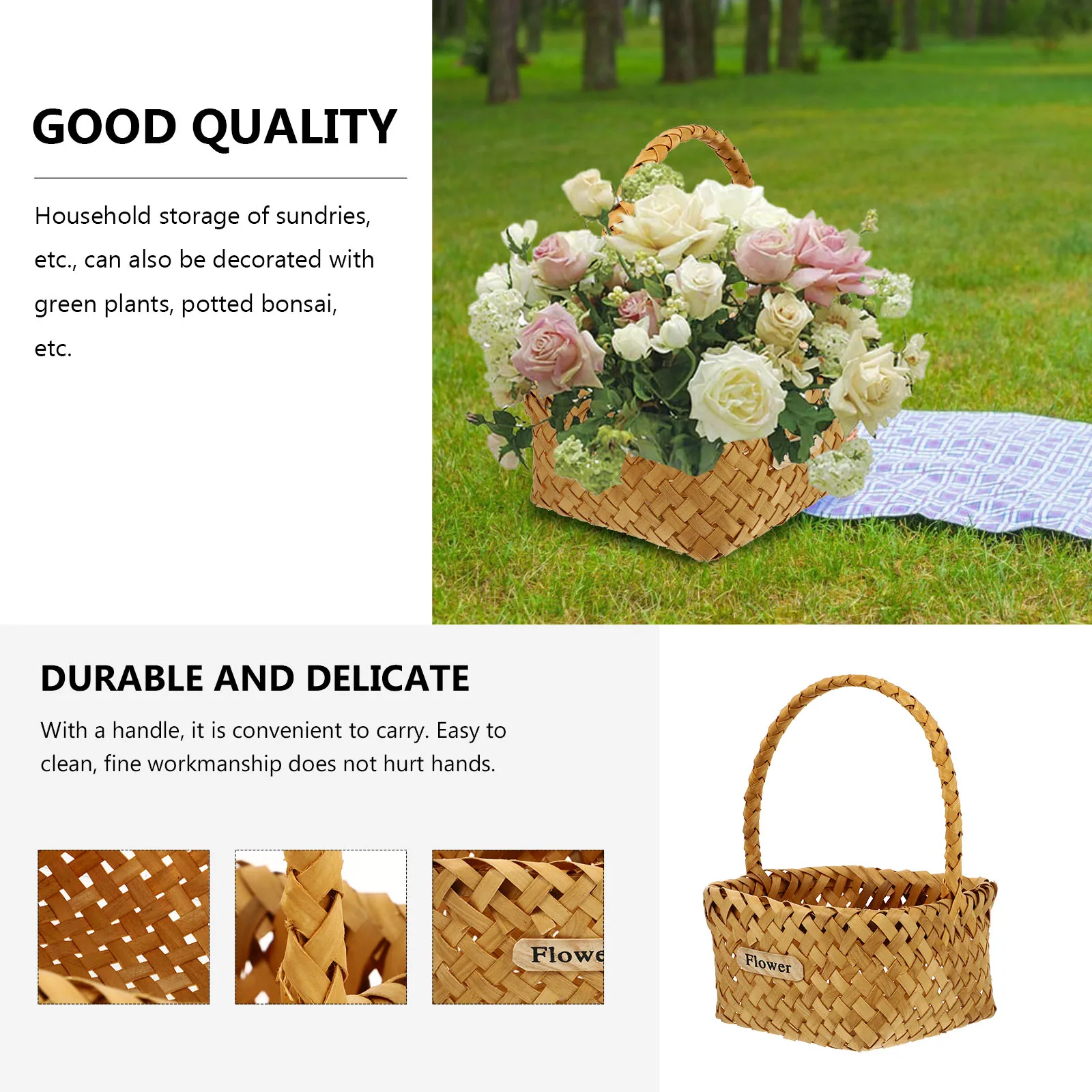 

Woven Wooden Flower Handmade Storage Home Decoration Gift Basket For Plant Fruit Multipurpose Container Simple Style Handheld