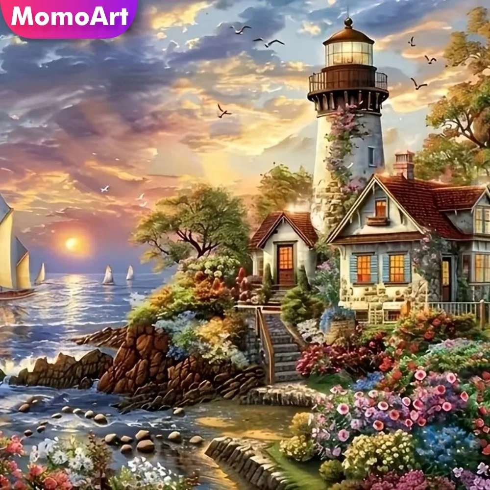 Momoart Vollquadratisches und rundes Diamant-Malerei-Set, Leuchtturm-Landschaft, Bastelset, Diamant-Mosaik, Küste, DIY-Stickerei, Urlaubsgeschenke