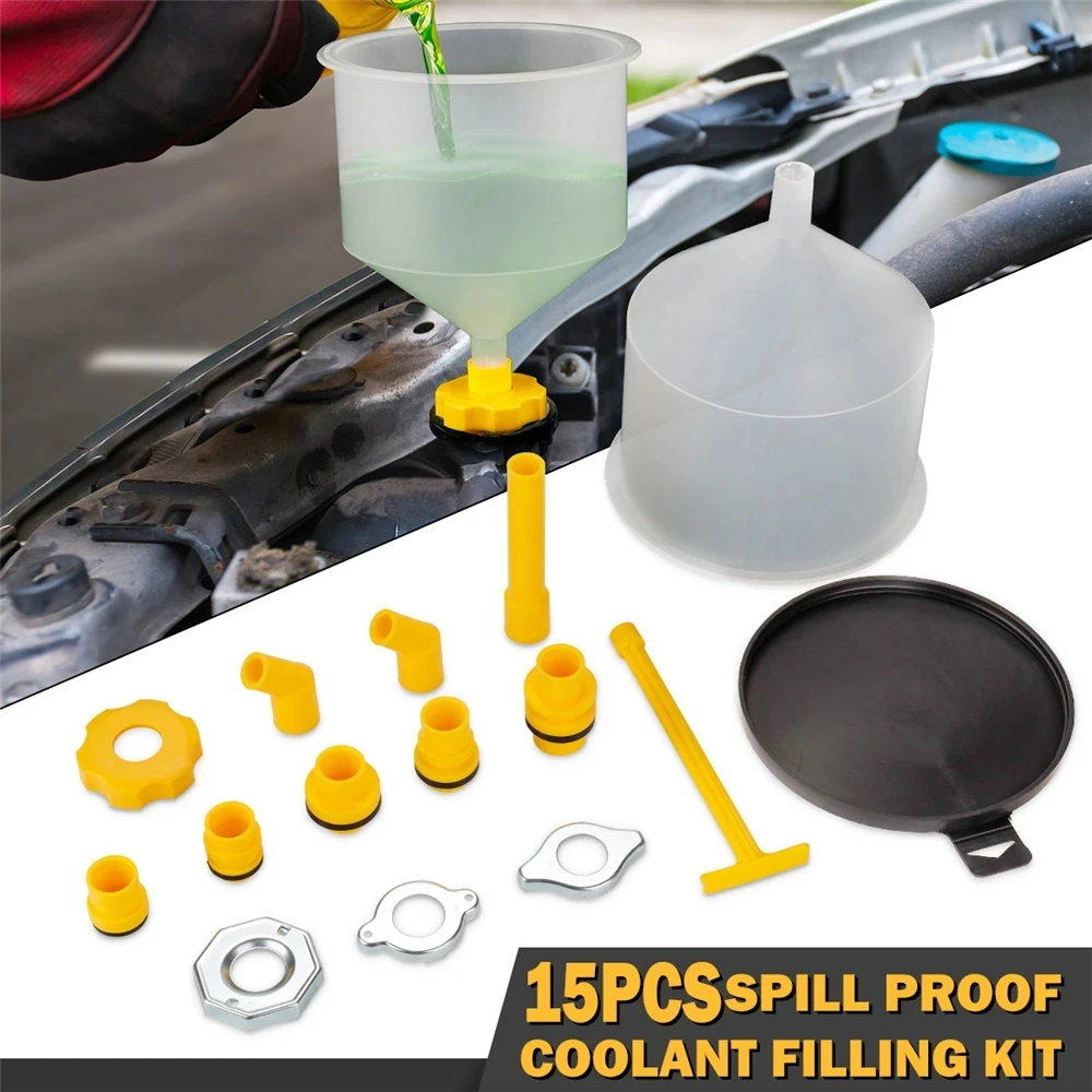 15PCS Car Radiator Coolant Filling Funnel Kit Spill Proof Cooling System Tool