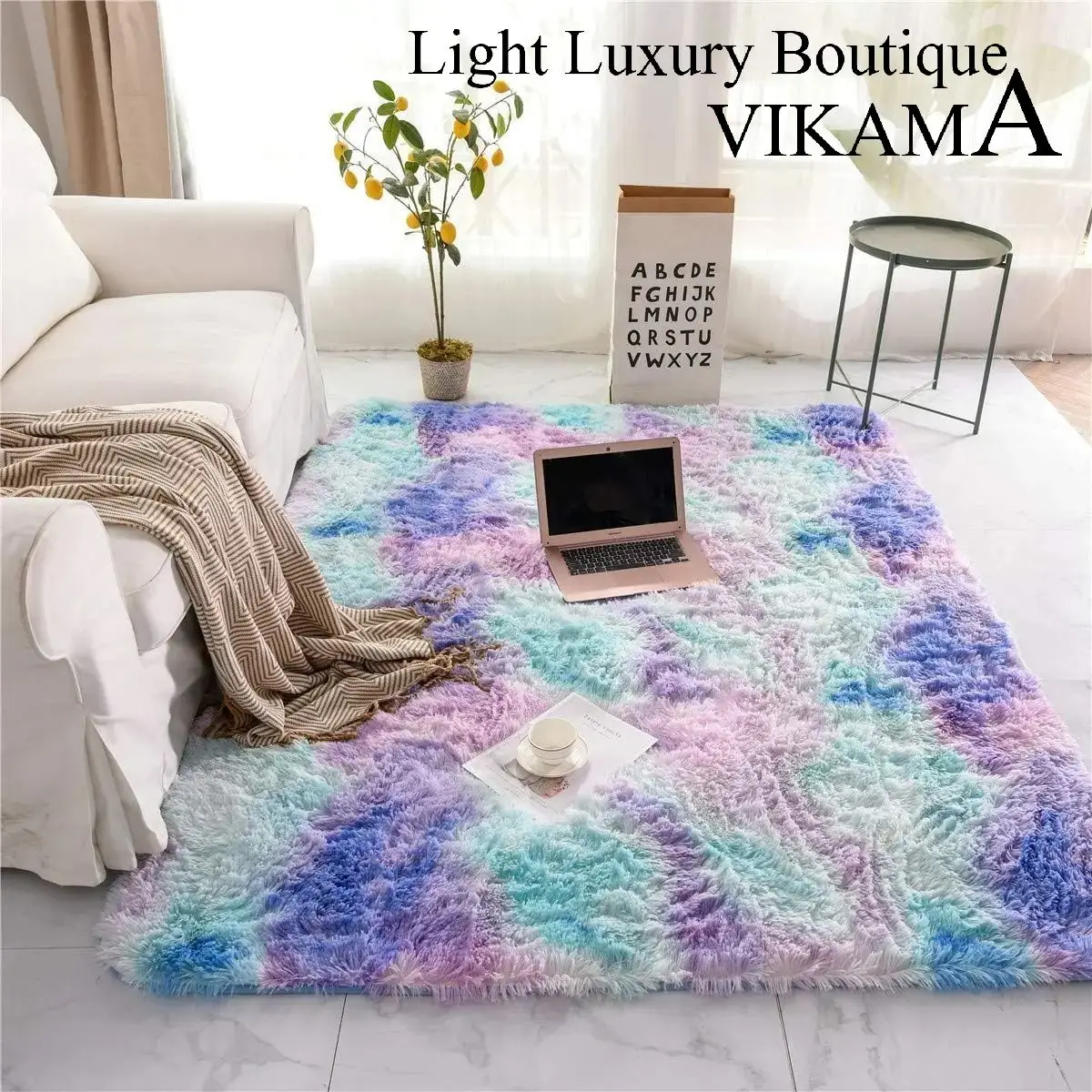 VIKAMA Fashion Tie-dye Silk Hair Carpet Teenage Bedroom Dorm Decorative Floor Mats Living Room Bedroom Washable Non-slip Rugs