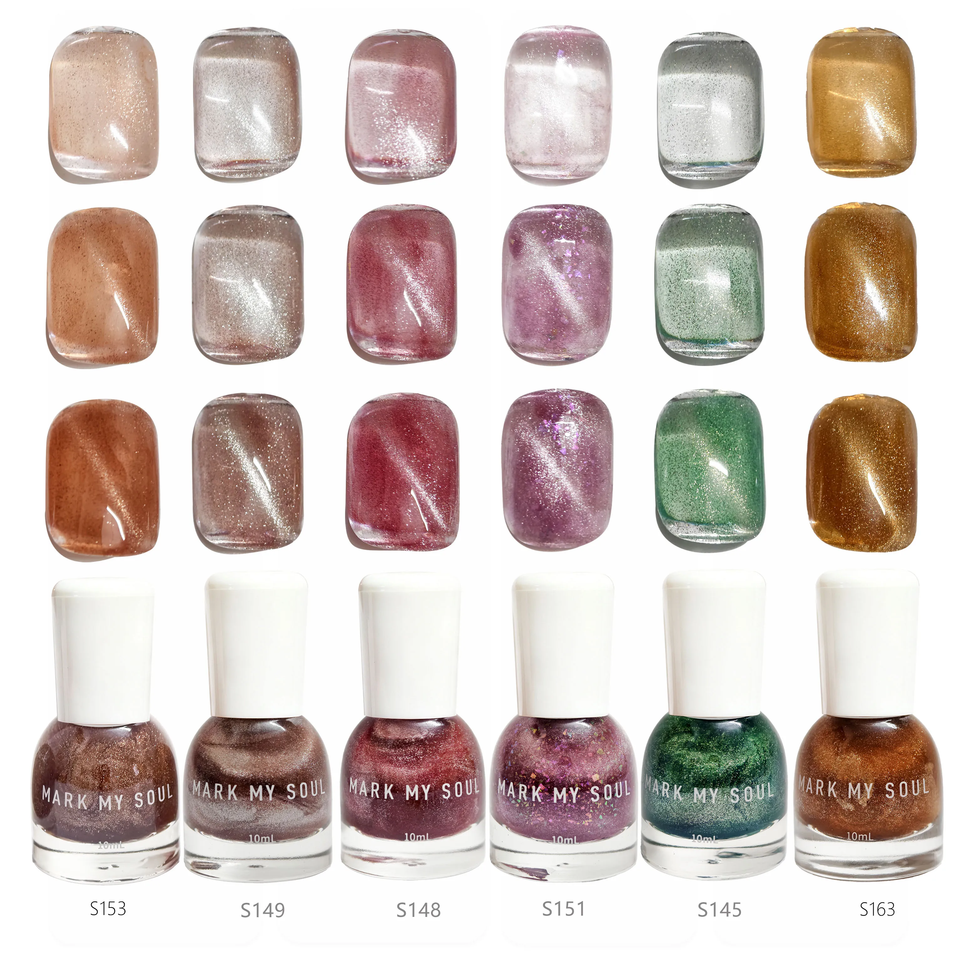 6Pcs Clear Glass  Bead Magnetic Cat Eye Nail Polish Set, MARK MY SOUL No  cure Magnetic Nail Lacquer S153/S149/S148/S151/S145/S1
