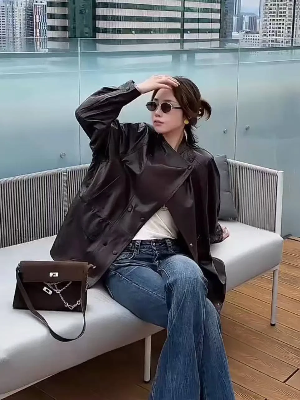 

Ning 2025 Spring Autumn New Sle ular Women's Leather Jaet Genuine eepskin Long Sve Commute Sle Outerwear