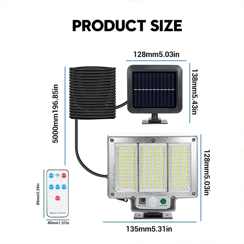 LED Solar Dividir Lâmpada De Parede, Sensor De Movimento, Impermeável, Jardim, Iluminação Pública, Luz De Segurança, 3 Modos