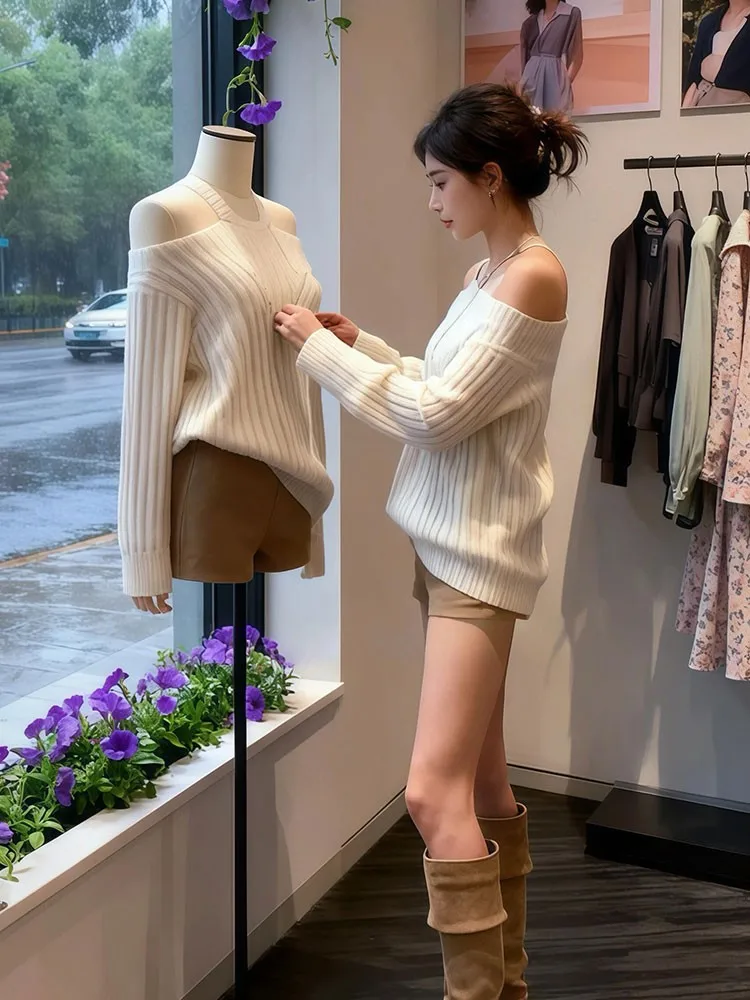 Ele White Off-oulder Knitted Sweater Nelace Women's Set Early Autumn Lazy Sle Polyester Fiber Long Sve Regular Fit