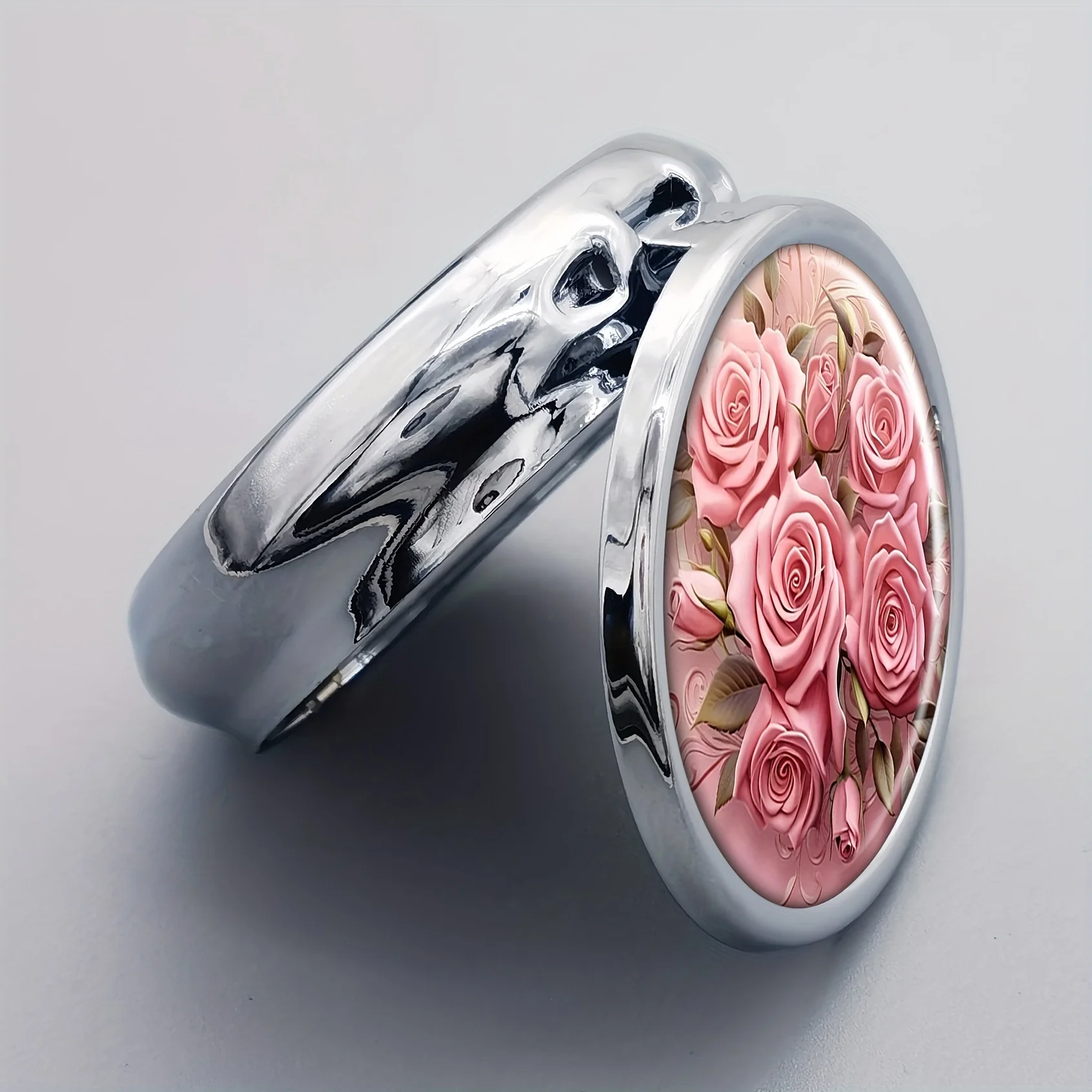 Round 3-Compartment Pill Box,Pink Roses Design,Diameter Metal Medicine Organizer,Portable For Pocket Or Purse