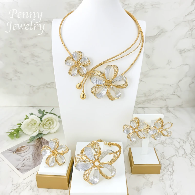 

Printed Flower Collar Dubai 18K Gold Plated Jewelry Set Necklace Drop Earrings Bracelet Ring African Bridal Wedding Party Gifts