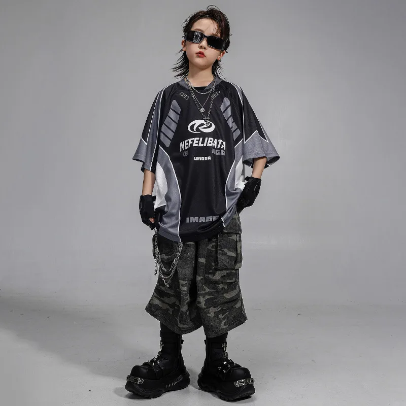 

Kid Kpop Hip Hop Clothing Black Gray Print T Shirt Top Camouflage Casual Cargo Shorts for Girls Boys Jazz Dance Costumes Clothes