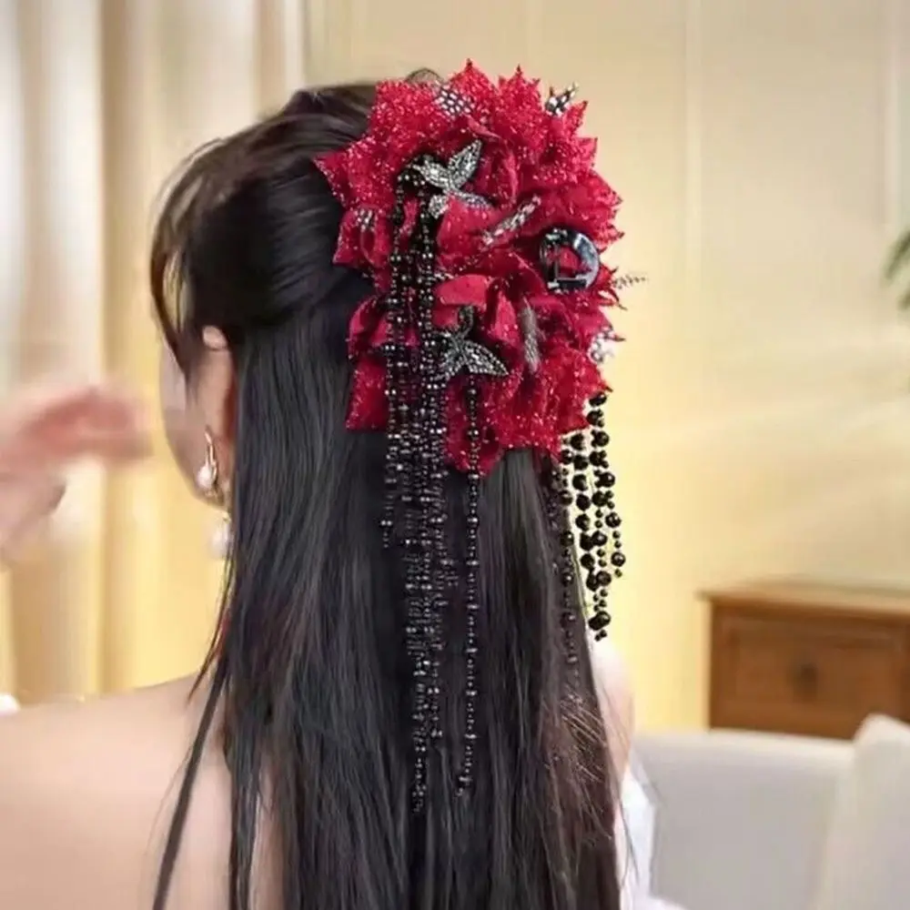 ファッション布掴みクリップ羽花真珠四花ヘアアクセサリータッセルヘア爪女の子のための