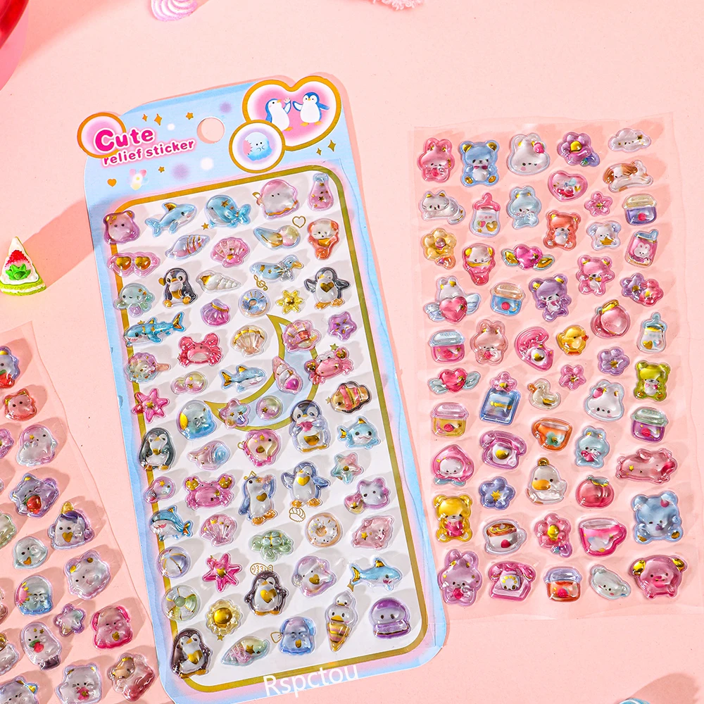 4pcs Kawaii Cute Cat Rabbit Bear 3D Crystal Stickers Cartoon Marine Animals Three-dimensional Relief Decals for Notebook Phone