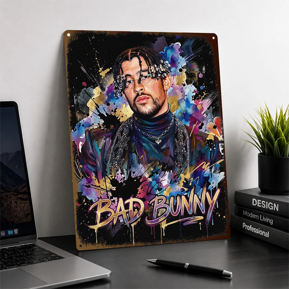 Bad Bunny Expressive Portrait Textured Poster Personalized Aluminum Metal Sign Global Pop Star Style Wall Art Enhances Bedroom