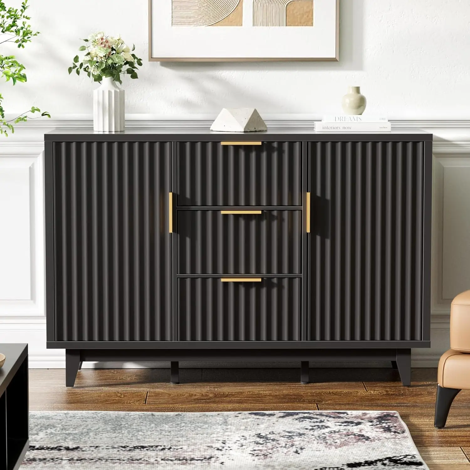 

47.2' W Storage Cabinet with 3 Drawers, Fluted Buffet Cabinet with Storage, Large Sideboard with 2