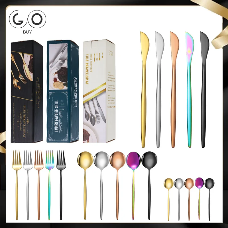 

Позолоченный португальский обеденный набор из нержавеющей стали, 24 шт., логотип, нож для стейка, вилка, набор ложек, домашний сад, кухня, столовая, барная посуда