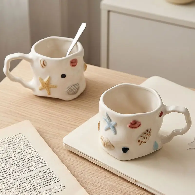Hand Painted Ceramic Mug Beautiful 3D Starfish Ceramic Shell Cup Cute Girly Unique Home Use Girls Favourite