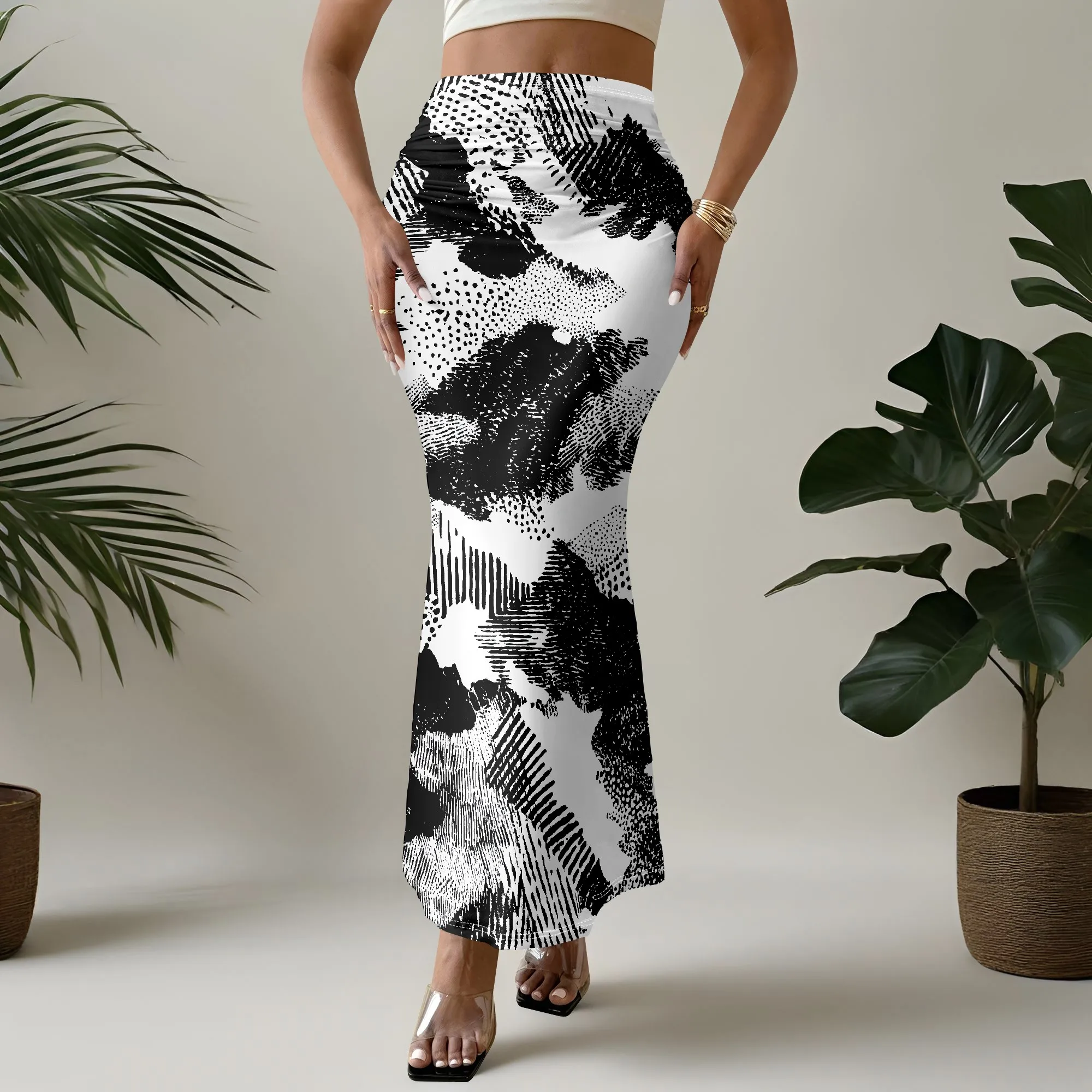 Abstract Print Mermaid Skirt, Black White Pattern Midi Skirt, High Waist Bodycon Skirt for Women Party Clubwear, S-3XL