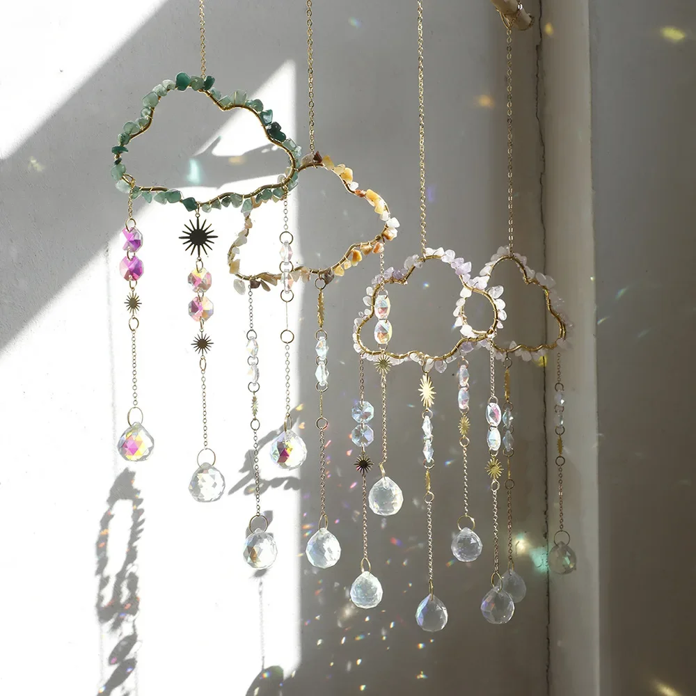 Natural Gravel Crystal Sun Catcher Hanging Wind Chime Light Cather Colorful Rainbow Prism Crystal Pendant Home Garden Decoration