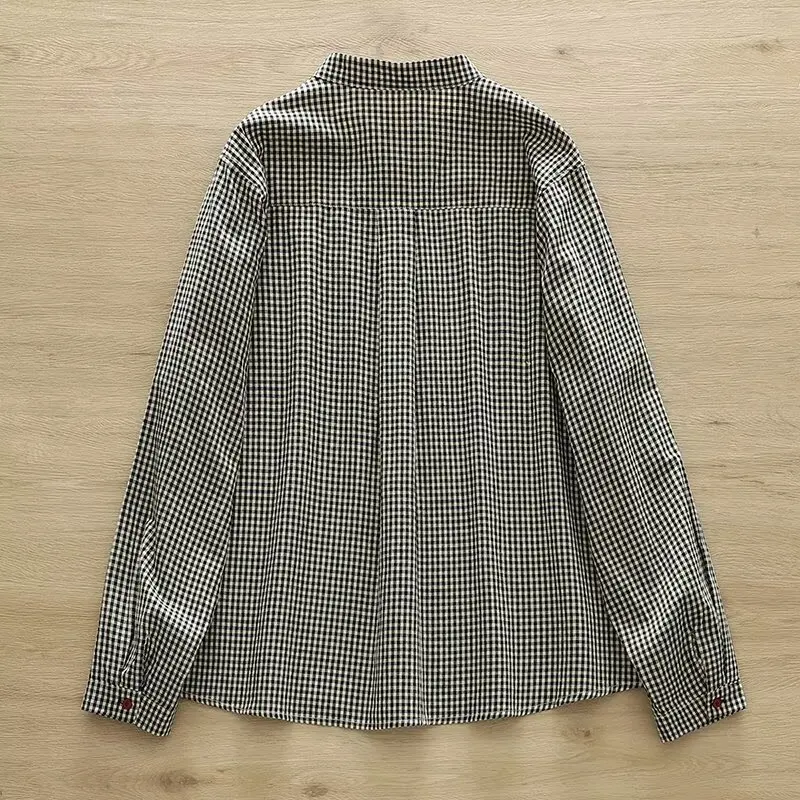 New Autumn Cotton Long Sleeve Shirt, Women O Neck Plaid Tops, Mori Girl French Retro Casual Loose Blouses, 2024 Winter T48870QC