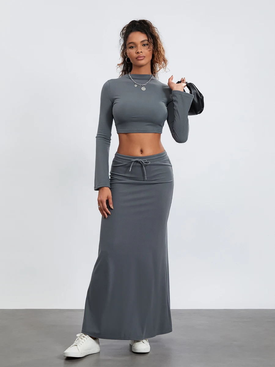 wsevypo Women's Grey Two-Piece Top Skirt Suits Fall Spring Streetwear Long Sleeve Crew Neck Crop Tops and Wrap Long Skirts Sets