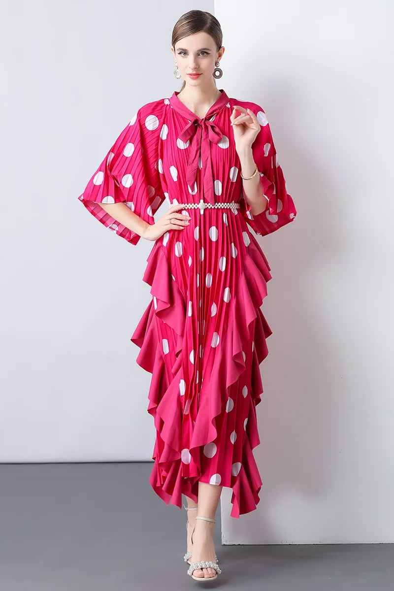 

Miyake Seaside Holiday Women's Summer Dress Polka Dot Print Ruffles Splice Pleated Loose Midi-Length Simple Design