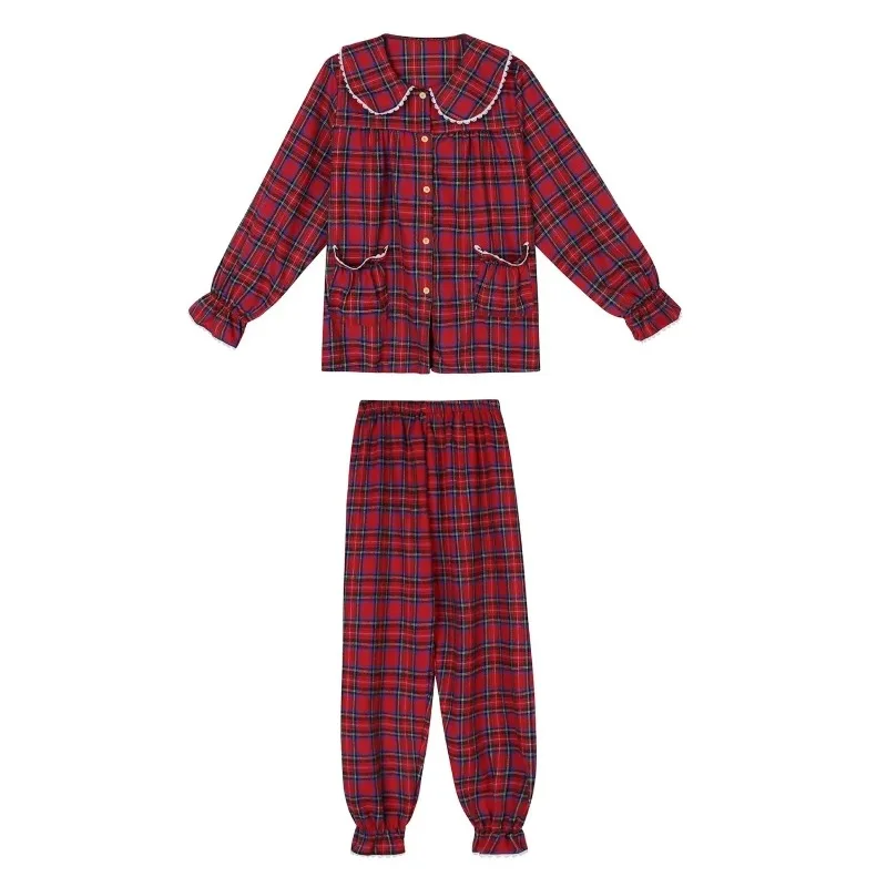 2024 nuovo collare per bambole Set pigiama a scacchi rosso studenti Falbala Homewear donna primavera autunno Sleepwear Loungewear a traliccio allentato