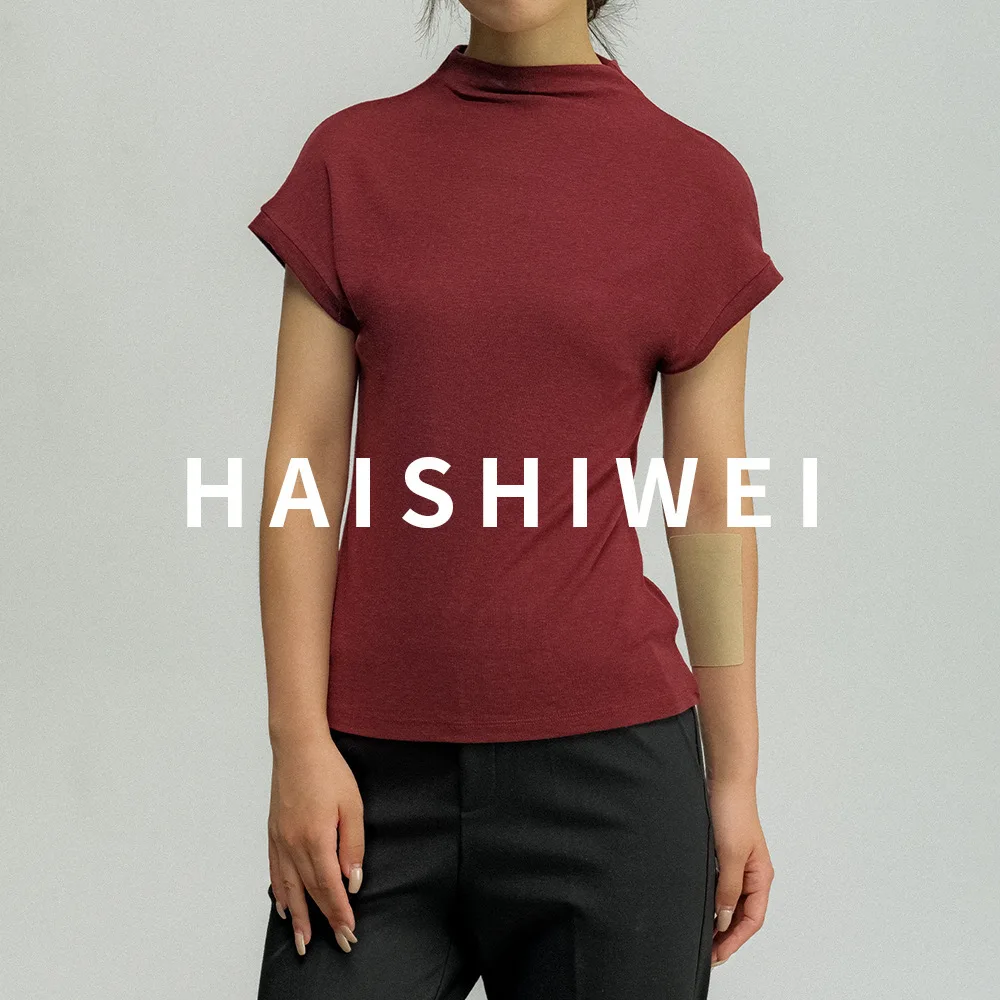 

Haishiwei Summer Women's 2024 Top Tencel Wool Half High Neck T-Shirt Style Slim Fit Short Sleeve