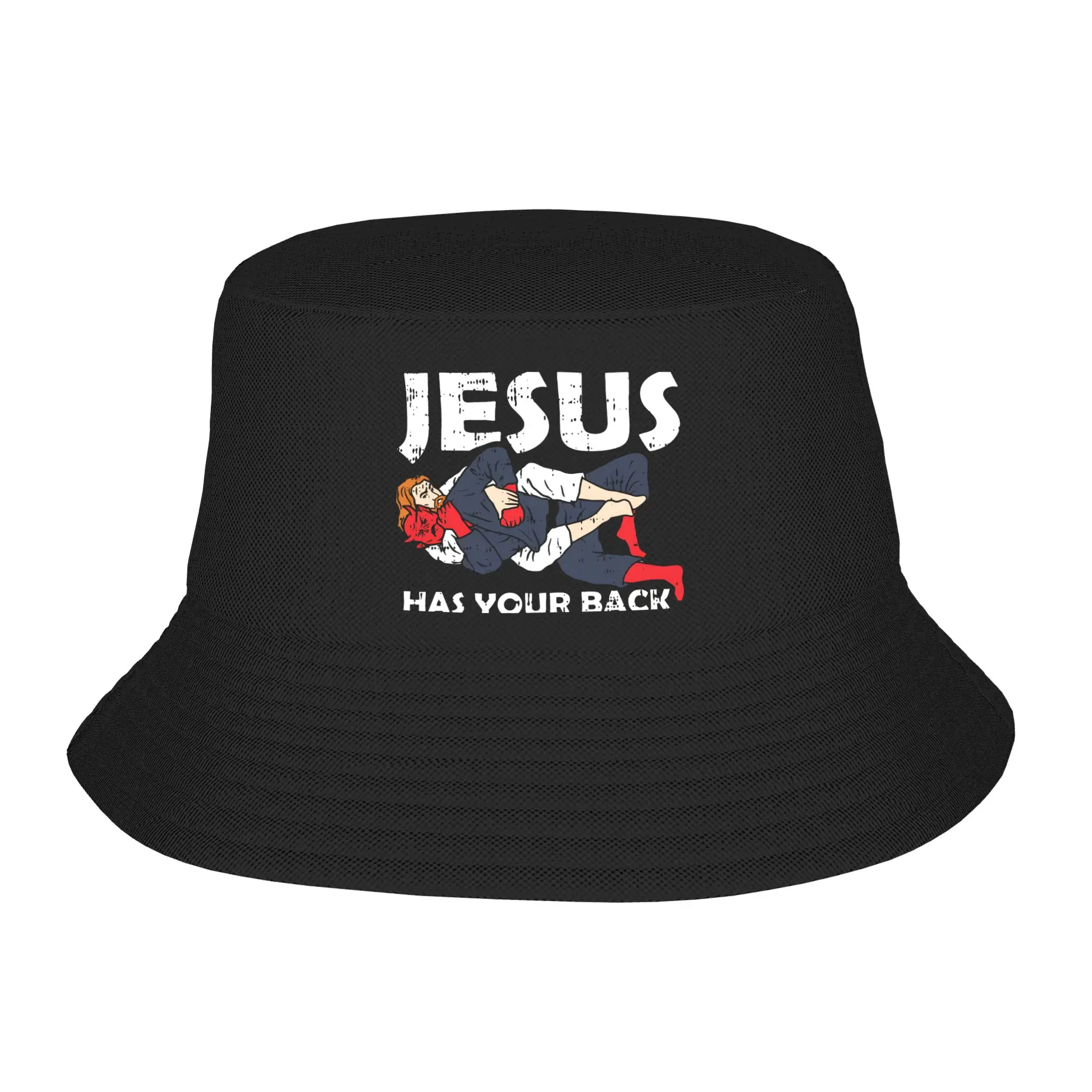 Damen Kawaii Bucket Hat Jesus Has Your Back Jiu Jitsu Merch Bob-Hüte für Reisen, Kopfbedeckung, leicht