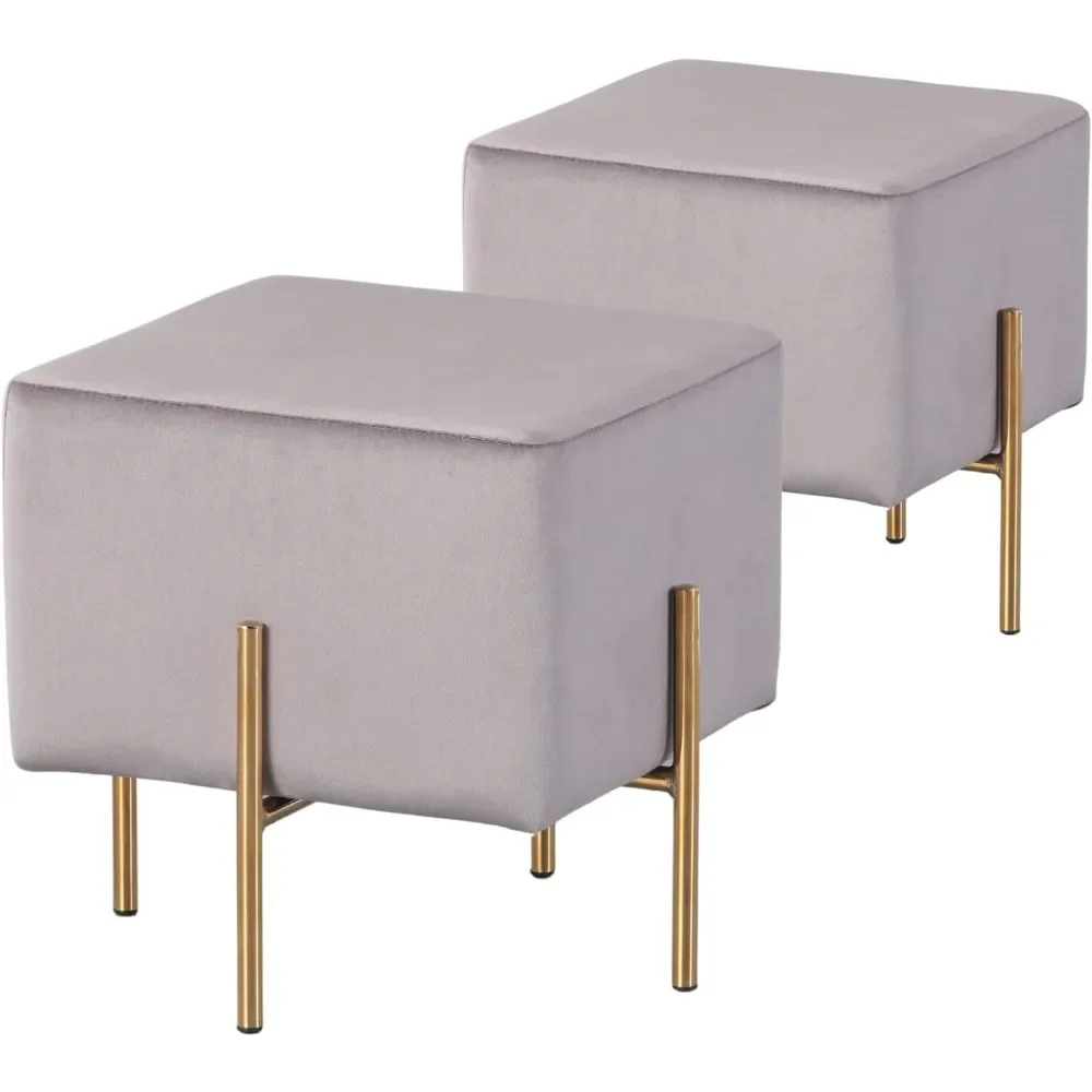 Square Upholstered Ottoman With Gold Metal Legs Stool for Living Room Modern Velvet Vanity Stool Cube Grey Ottoman 2-piece Set