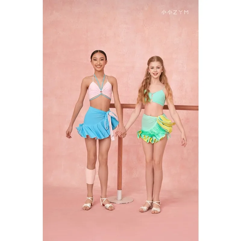 customized ZYM [Three Piece Set] Top Pants Half Skirt Girls' Latin Dance Practice Dress Versatile S001