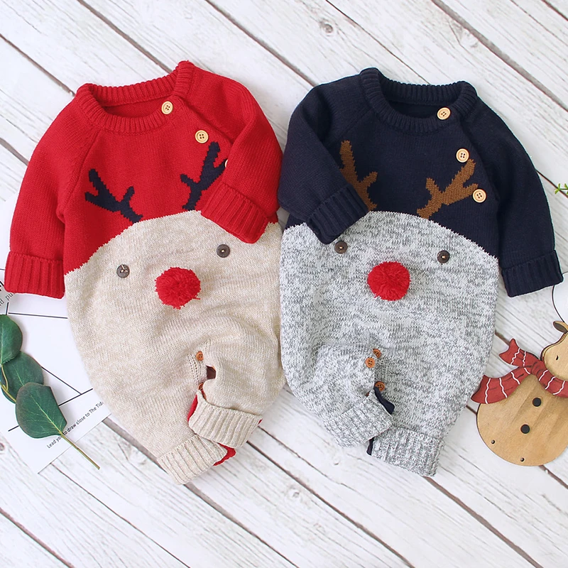 

2023 Christmas Newborn Baby Girl Knitted Romper Winter Jumpsuit Overall Sweater Warm Fall Autumn Wool Xmas New Year Gift Clothes