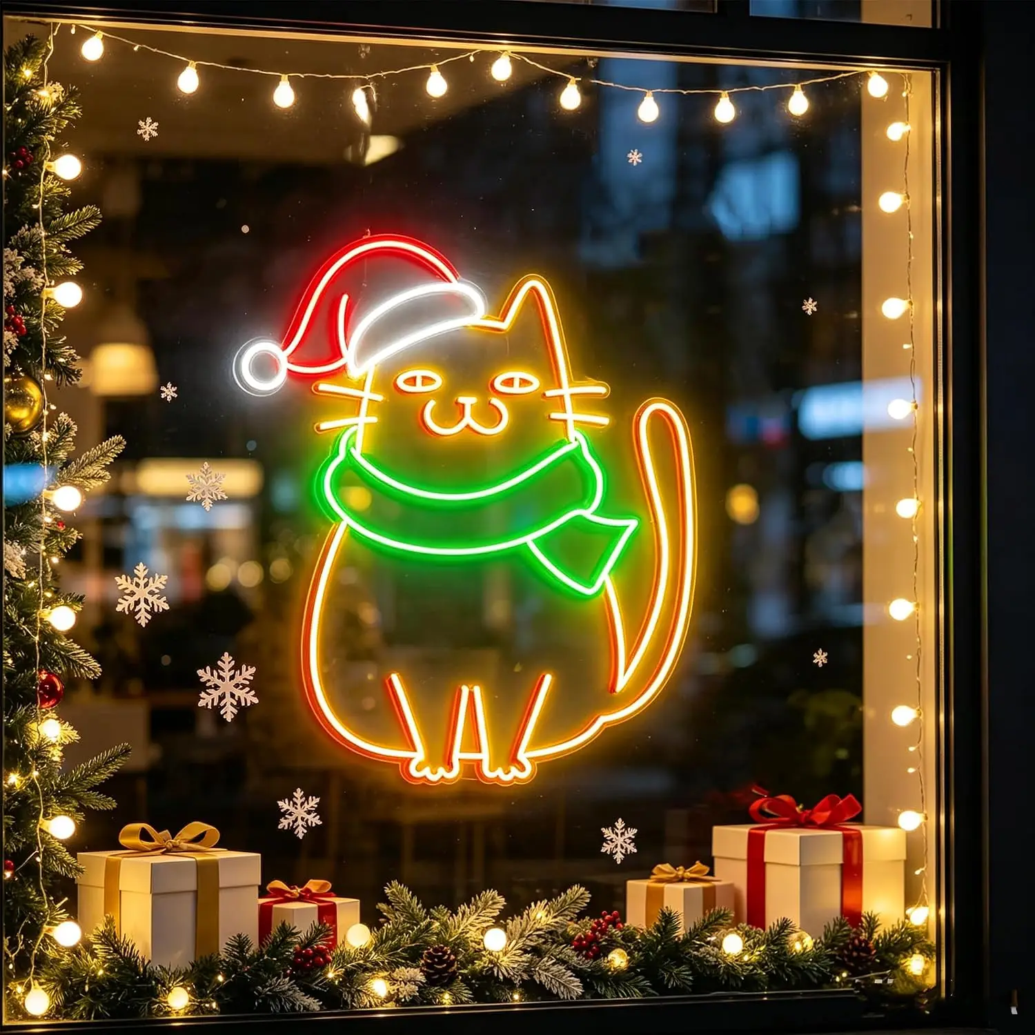 Christmas Cat Neon Sign USB LED Neon Light Wall Hanging Light for Christmas Party Home Bedroom Window Aesthetic Decoration Gift