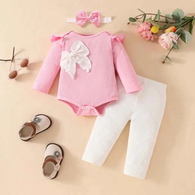 Clothes for Newborn Baby Girls 0-18 Months 3Pcs Set Pink Pit Stripe Long Sleeve Bodysuit Tops White Straight Pants with Hairband