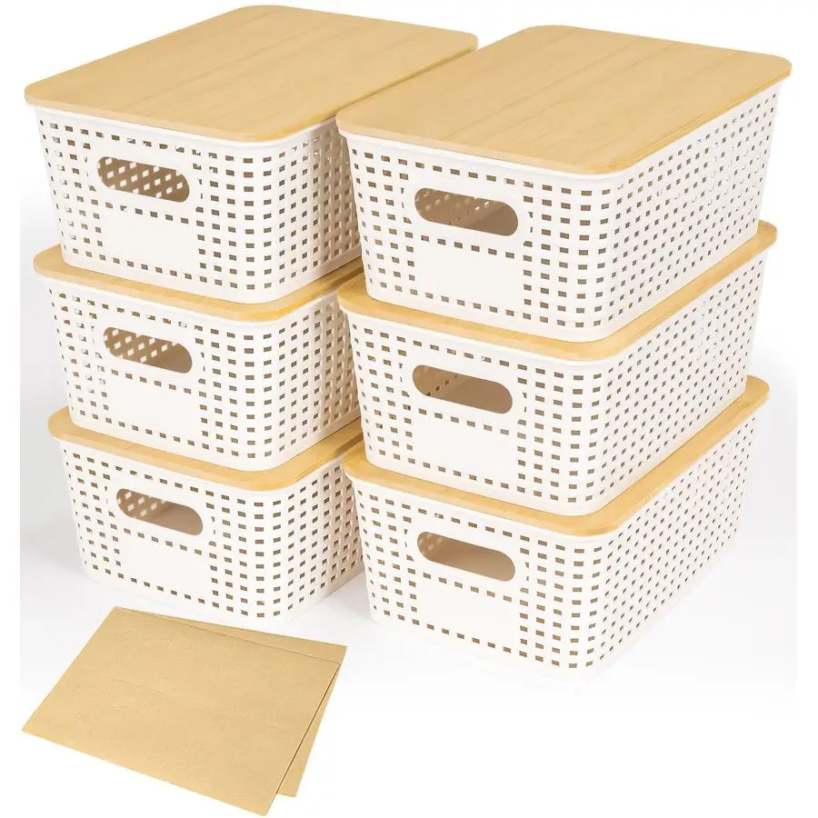 

6 Pack Plastic Storage Baskets With Bamboo Lid, Stackable Storage Baskets for Organizing Desktop Closet Shelves Drawers Pantry O