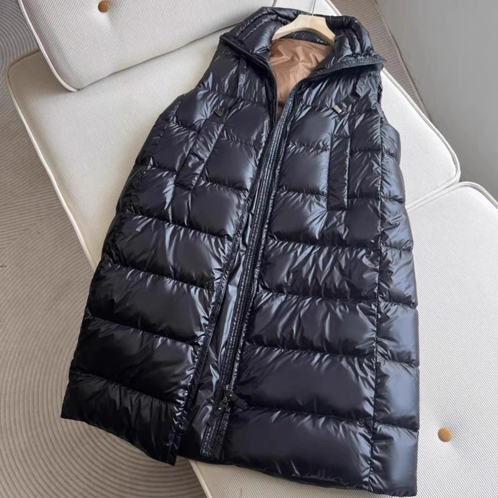 2025 New Autumn Winter Women Long Down Vest Fashion Casual Loose Warm Coat Knee Length Stand Collar 90 White Duck Down Jacket