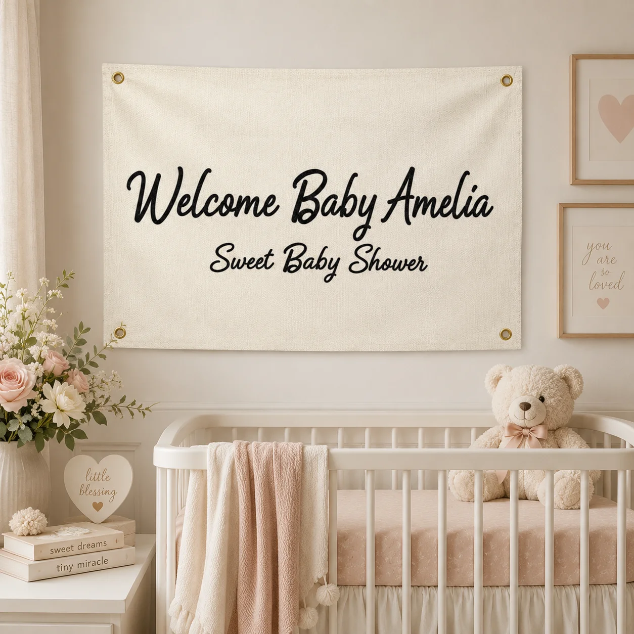 Party Banner Gold - Personalisiertes Baby-Shower-Eintragsbanner aus Stoff, Maßgefertigtes Besticktes