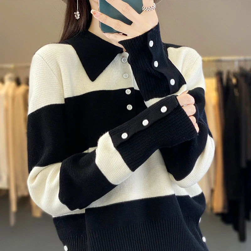 เสื้อสเวตเตอร์ไหมเมอริโนแท้ 100% สำหรับผู้หญิง แขนยาว คอโปโล แฟชั่นฤดูใบไม้ร่วงฤดูหนาว เสื้อผ้าแฟชั่นพื้นฐาน