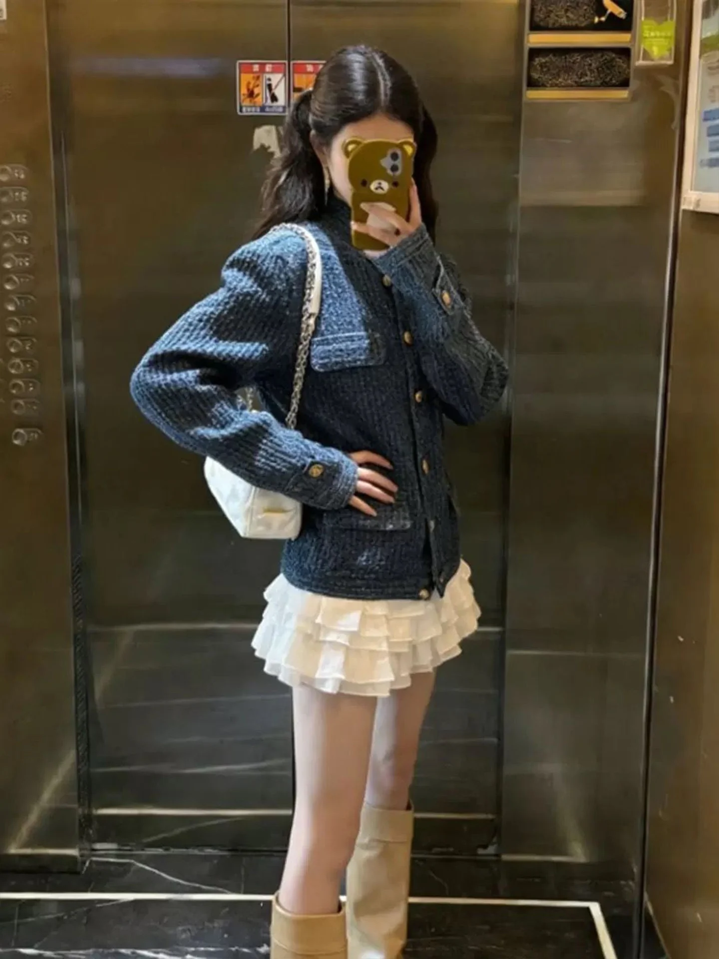 Korean Style Blue Denim Jacket And White Strap Dress Two-Piece Set Women's Fashion Autumn Collection Casual Comfort Fit