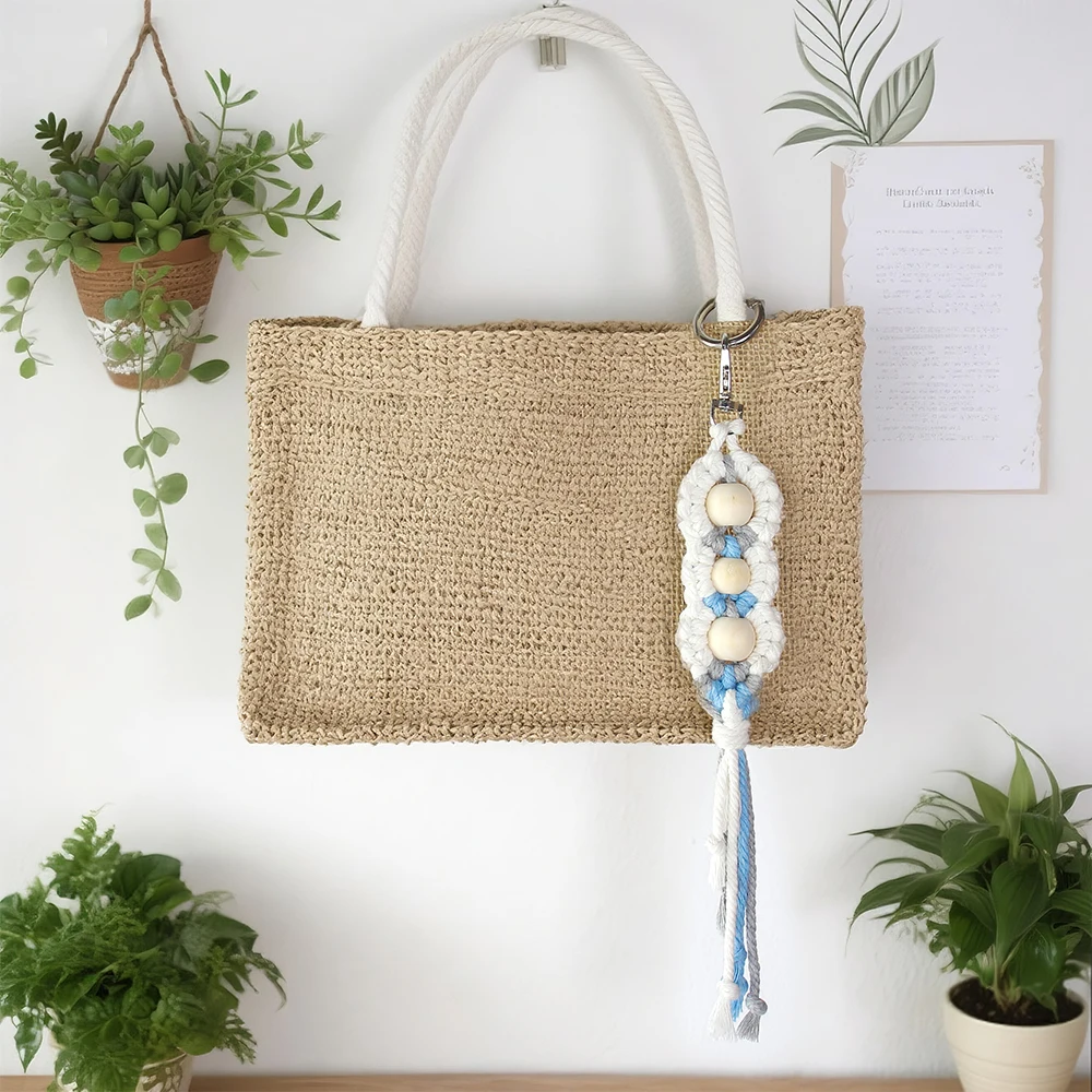 Bohemian Macrame Keychain Kit with Wood Beads - Beginner-Friendly DIY Handcraft Material Set for Making Keychain Charms