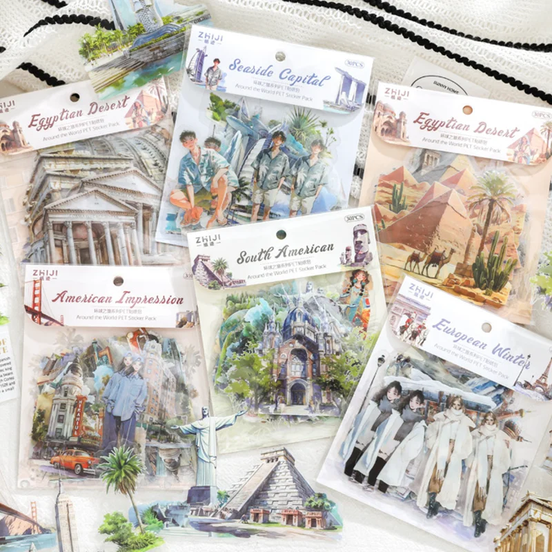 30Sheets/bag Global Journey Series PET Sticker Pack Rich Content Retro Art Stickers DIY Hand Account Collage Daily Decoration