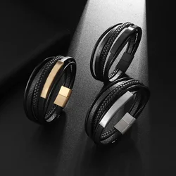 New Men\\\\'s Leather Handwoven Bracelet Magnet Buckle Multilayer Leather Bracelet Luxury Style Handsome Gift