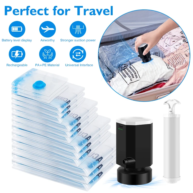 Vacuum Storage Bags 8-18Pc Space Saver Bag Travel Rechargable Air Pump Various Seal Bag Pump for Compress Clothe Blanket Luggage