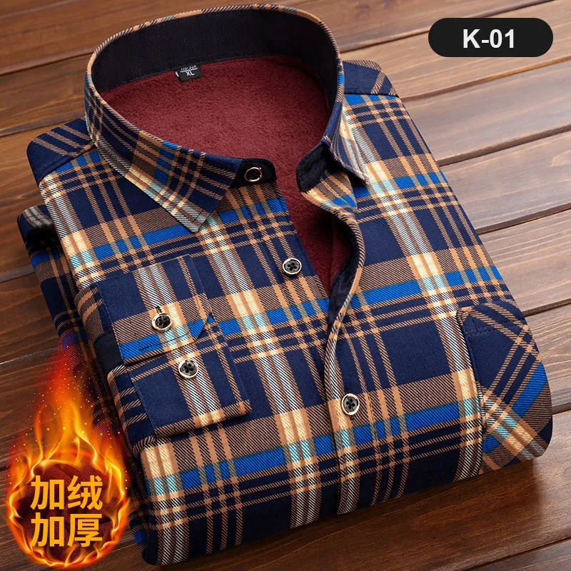 2022 Autumn and Winter New Men\'s Classic Fashion Wild Plaid Long-Sleeved Shirt Men\'s Plus Velvet Thick Warm High-Quality Shirt