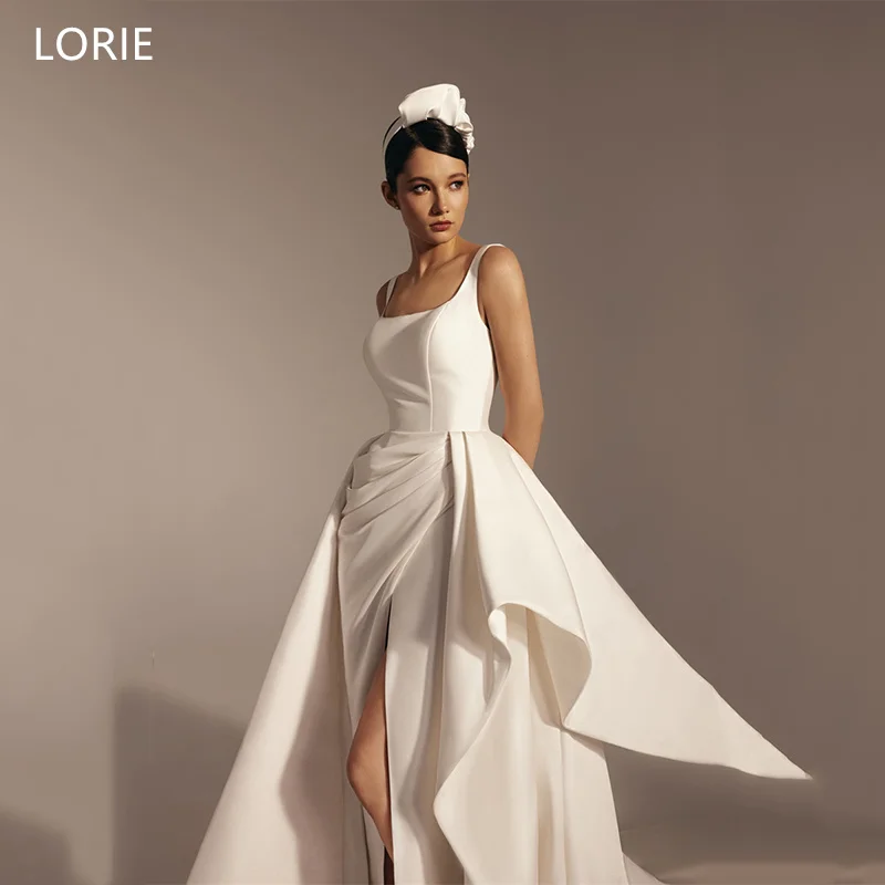 

LORIE Layering Satin Wedding Dresses Square Collar Pleated A-Line Backless Bride Prom Gown Side Slit Bridal Gowns Customized